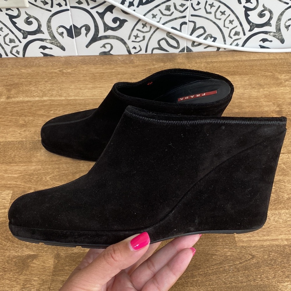 Prada Sport Black Suede Wedge Mules/Clogs - Picture 16 of 16